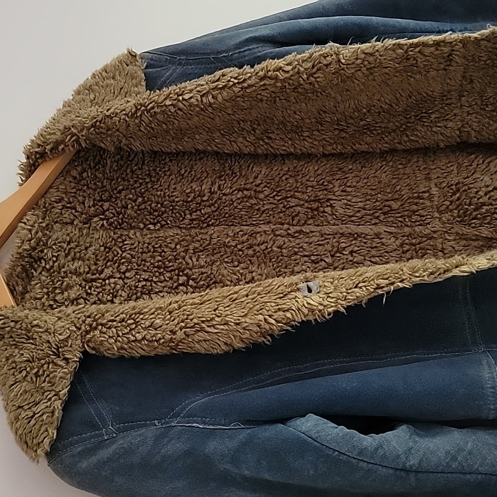 Guess Y2K Denim Effect Blue Leather Suede Penny Lane Jacket Faux Fur Trim M Firm - Picture 5 of 10